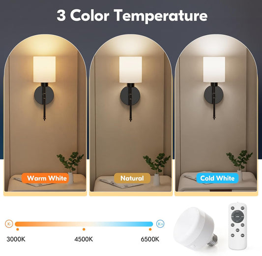 NIORSUN Battery Operated Wall Sconce Set of 2, Gold Wireless Rechargeable Wall Lights with 5200mAh Dimmable Detachable Bulbs and Remote, 9 Colors Sconces Wall Decor for Bedroom Living Room Hallway