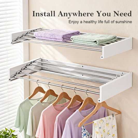Foldable Wall Mounted Clothes Drying Rack 32’’, Retractable Laundry Room Drying Rack Clothing, Hidden Space Saver with Wall Template, 5 Rods, White