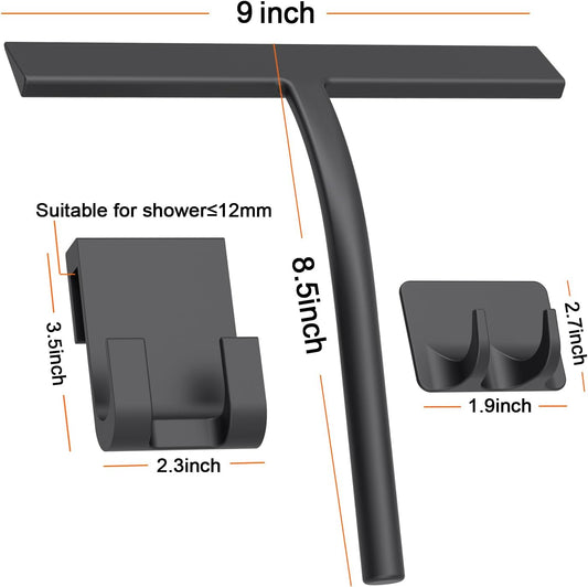 All -Purpose Silicone Shower Squeegee for Shower Glass Door with Hook, Bathroom Accessories for Window Mirror Tile Car Shower Walls,Household Shower Cleaner Tool (Black, 9 inch(1 Hook)