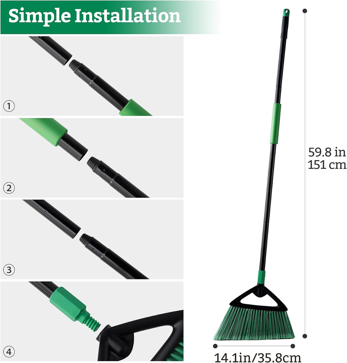 Eyliden Angle Broom with 57" Long Handle, Outdoor Indoor, Green | Heavy-Duty Cleaning, Also Works Well Fine Dust - PET Bristles, Commercial Sweeper for Courtyard Sidewalk Deck Kitchen Lobby