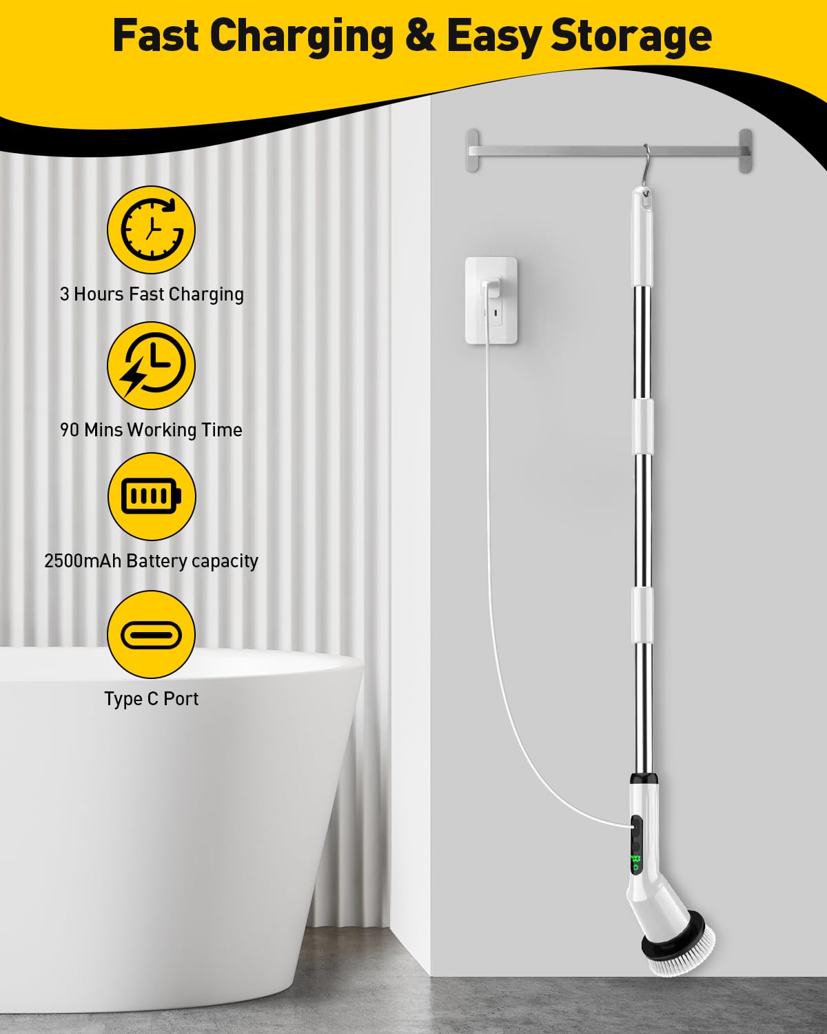 Shower Scrubber with Long Handle, Shower Cleaner Brush with 8 Floor Machine Pads, Cordless Electric Spin Scrubber for Cleaning with 2 Speed, Cleaning Supplies for Bathroom Bathtub Kitchen Floor Tile