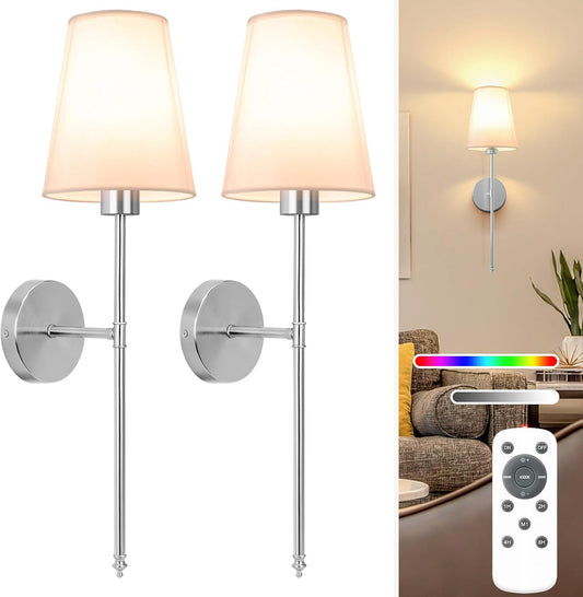 NIORSUN Battery Operated Wall Sconce Set of 2,Gold Rechargeable Wall Lights with 5200mAh Dimmable Bulbs and Remote,10 Colors Wireless Wall Lamps for Bedroom Living Room Hallway Decor