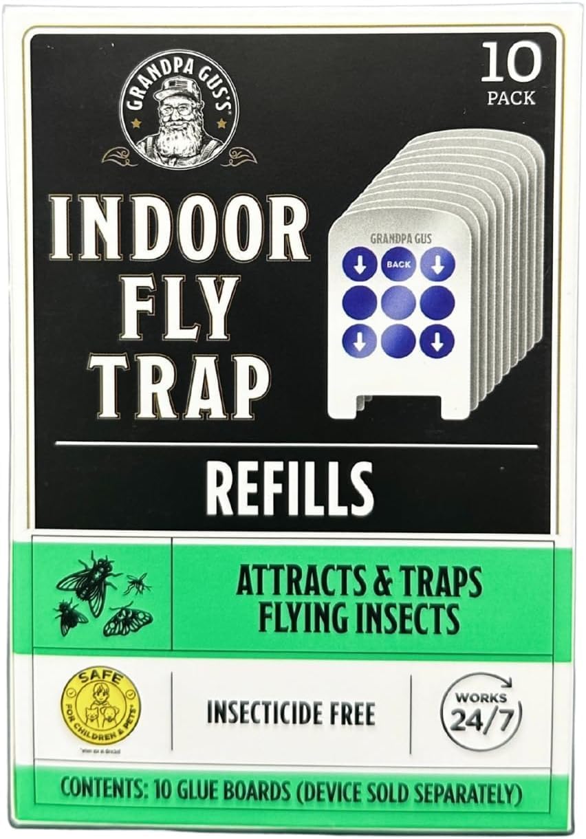 Grandpa Gus’s Indoor Fly Trap Plug-In - UV Light Insect Catcher for Flies, Gnats, Fruit Flies, Mosquitoes & Moths - No Insecticides, Sticky Glue Trap for Kitchen, Garage, Includes 3 Refill Glue Boards