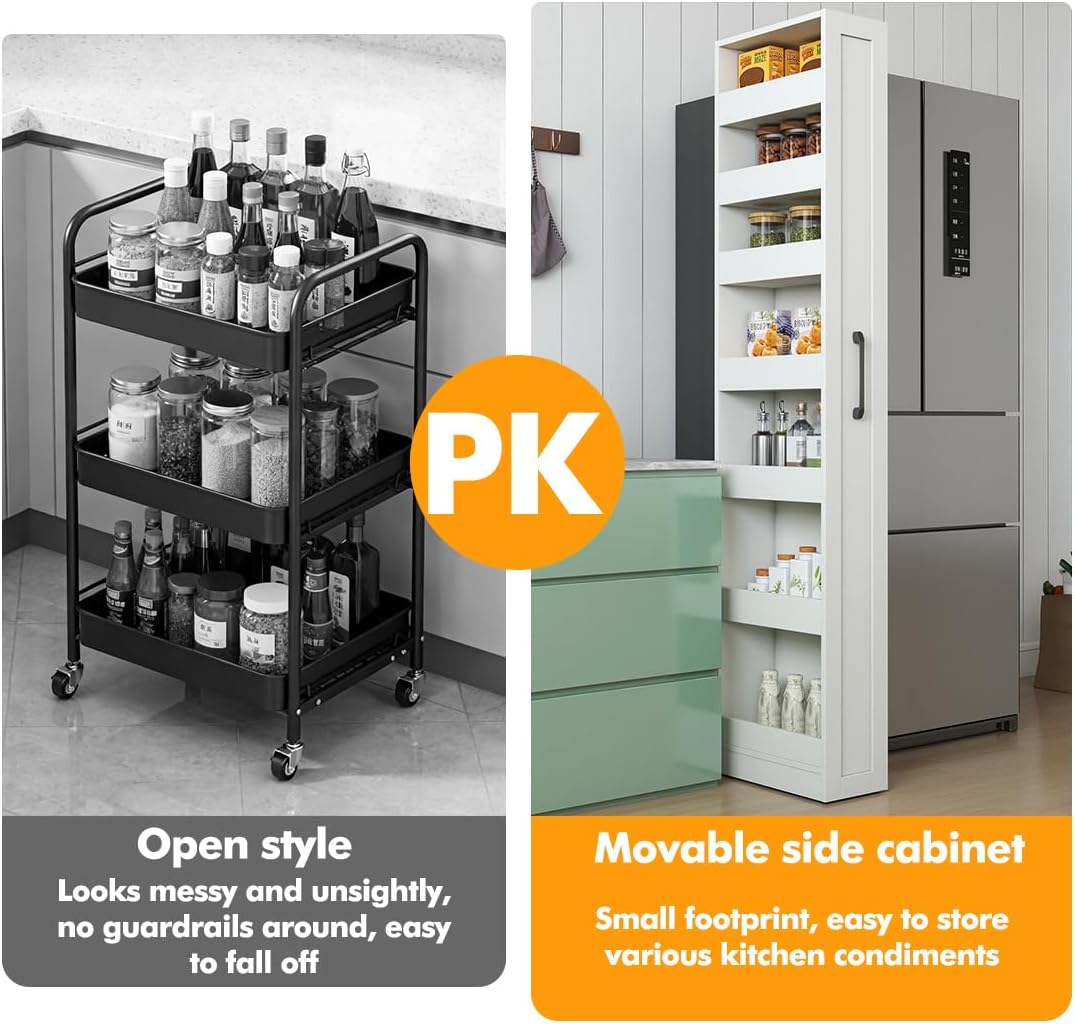 7 Tier multi-functional pull-out storage Cart for Next to Fridge, Rolling Slim Narrow Utility Cart for Small Spaces, Single sided open Spice Rack for Kitchen, Living Room & Narrow Spaces (White)