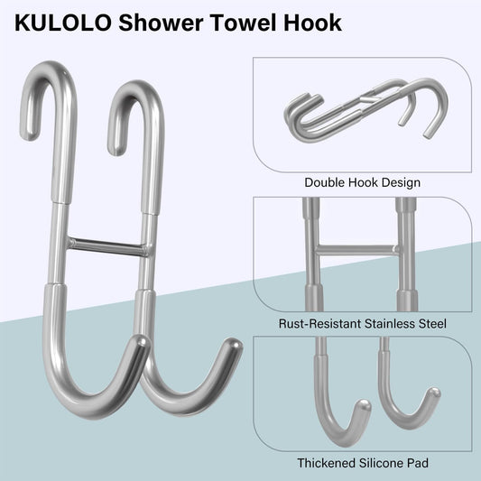 Shower Door Hooks for Towels & Squeegee - No Drill Bathroom Hooks for Frameless Glass Door, Shiny Silver Stainless Steel with Anti-Slip Rubber (2 Pack)