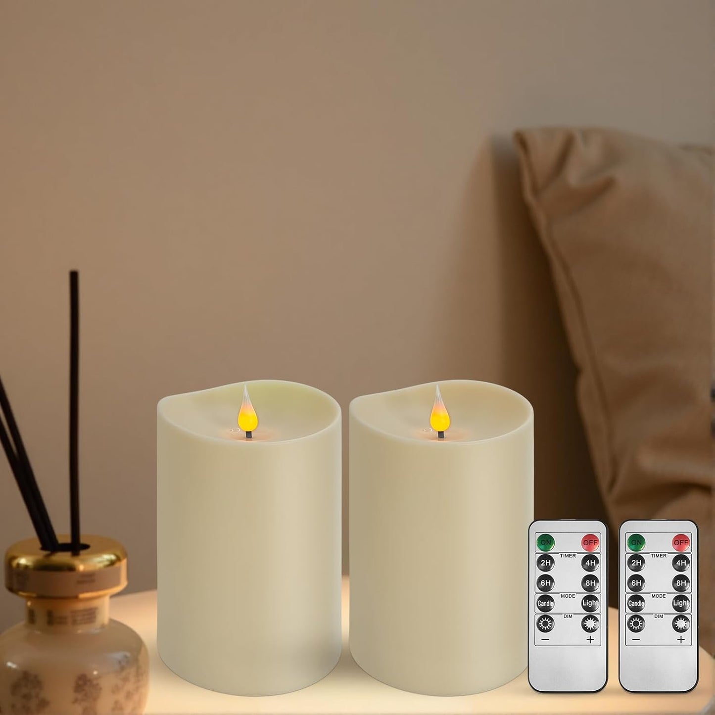 Set of 2 Flameless LED Candles with 2 Remotes, 4x6 Inch Battery Powered Plastic Pillar Candles, Flickering Flame with Timer & Dimming, Ivory – Elegant, Safe Lighting for Home, Wedding, Holiday