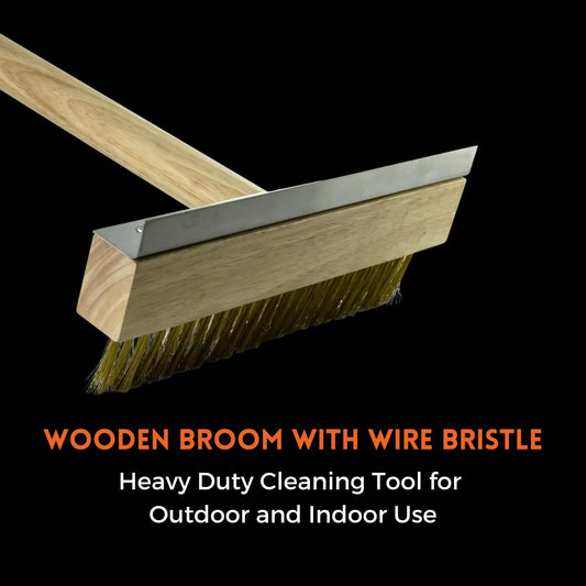 Premium Wooden Broom with Wire Bristle - Heavy Duty Cleaning Tool for Outdoor and Indoor Use, Perfect for Patio, Garage, and Kitchen