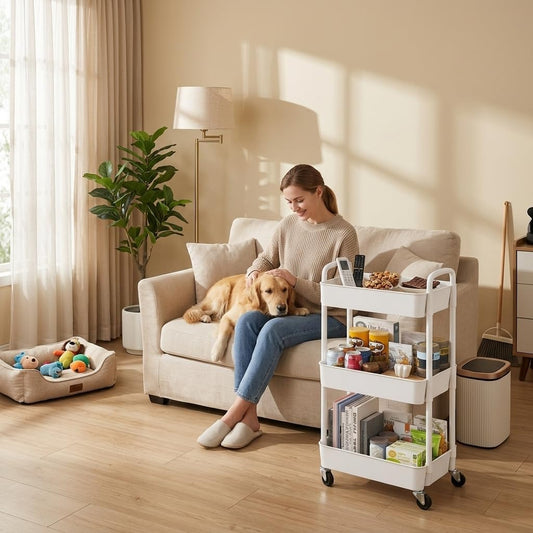 3-Tier Rolling Storage Cart with Wheels - Slim Mobile Utility Cart Organizer Rack, Space-Saving Multi-Functional Rolling Shelf for Kitchen, Bathroom, Laundry Room, Office, White
