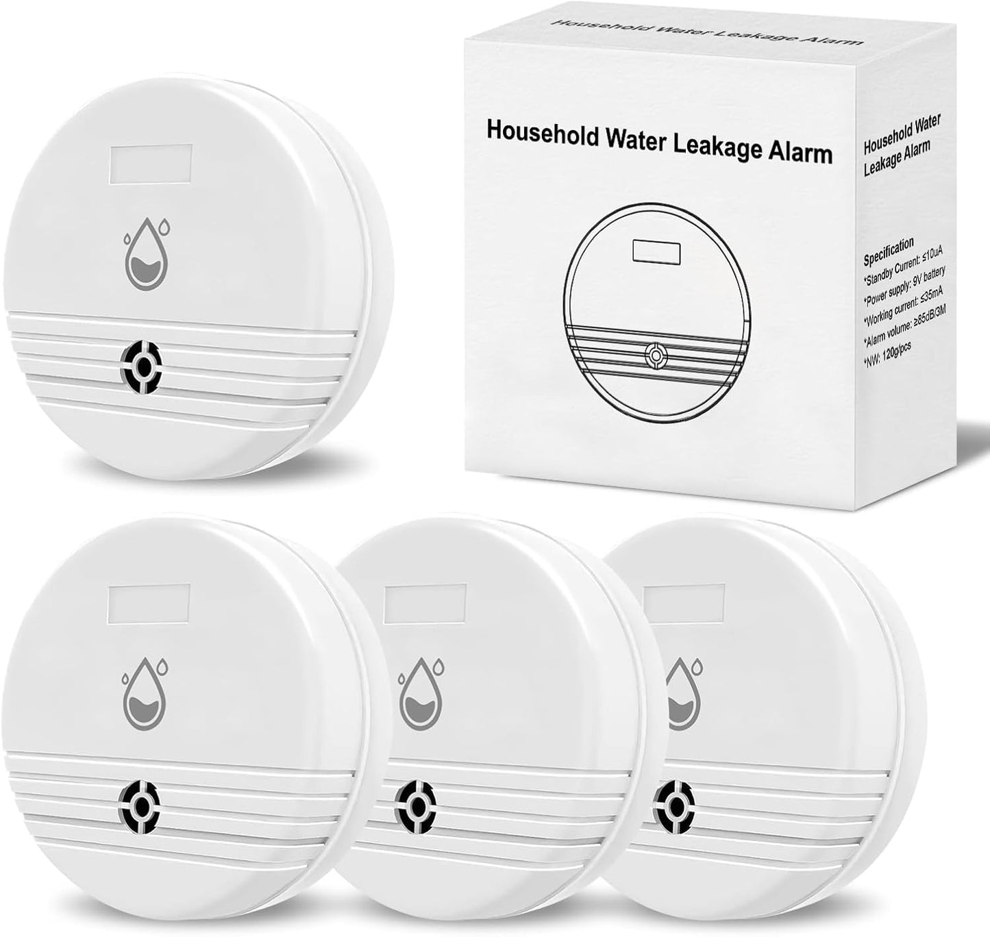 Water Leak Detector 4 Packs, Lound Sound Sensor Alarm, Home Water Flooding Monitor Sink Overflow Monitoring Wet Moisture Alert Pipe Leakage Drip Detection Warning for Basement, Laundry, Bathroom
