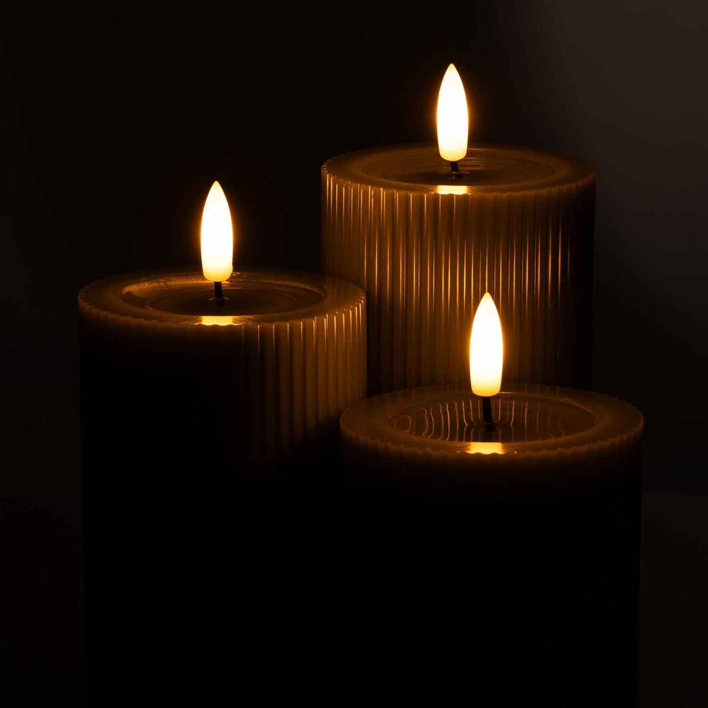 Fluted Ribbed LED Pillar Candles, Cream Beige, with Realistic Reflective Melted-Wax Effect – Flickering Flame, Remote, Dimmable, Flameless, Battery Operated, Home & Wedding Decor (Set of 3)