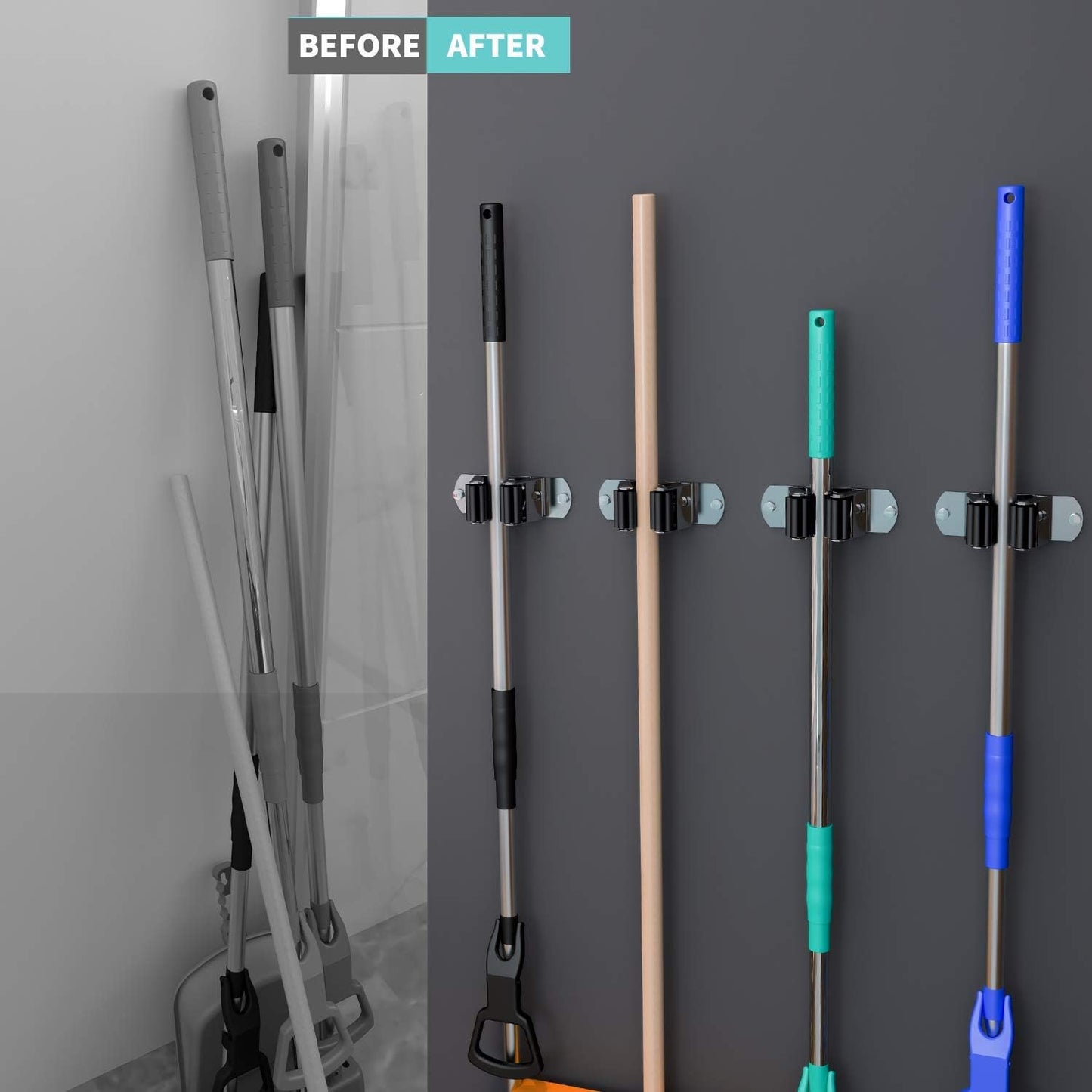 CWOVRS Broom Holder Wall Mount, 4 Pack Mop Holder Stainless Steel Mop and Broom Holder Heavy Duty Broom Hanger Wall Mount for Kitchen Garden Garage etc.