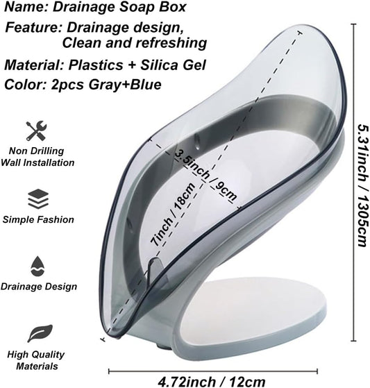 H&W 2Pcs Self Draining Soap Holder,Suction Cup Soap Dish,Shower Soap Bar Holder,Leaf Shape Soap Holder,Soap Dish Dispenser for Shower, Bathroom, Kitchen Sink (Grey + Blue)