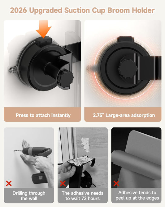 2026 Upgrade Broom Holder Wall Mount with Suction Cup, Broom and Mop Organizer Wall Hanging with 4 Racks & 3 Hooks, Removable and Reusable, Mop and Broom Hanger for Home Kitchen Laundry