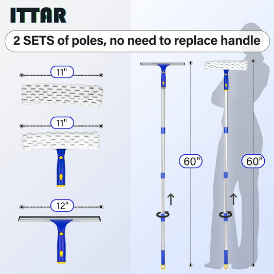 ITTAR Window Squeegee with 86 Inch Extension Pole, Rotatable Window Cleaning Kit with Long Handle, Rubber Blade & Microfiber/Chenille Pads Glass Cleaner Tool for Outdoor Windows, Glass, Car