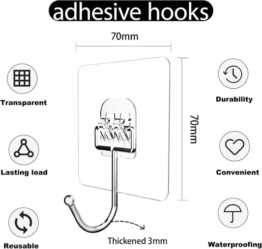 Large Hooks for Hanging Heavy-Duty 44Ib(Max) Self Adhesive-Hooks for Hanging, Traceless Clear and Removable, Waterproof and Rustproof Multiple Uses for Bathroom Kitchen Home 18 Pack