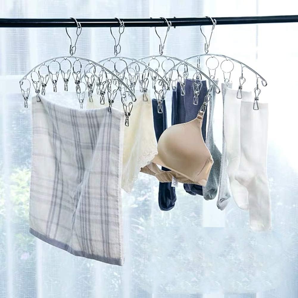 10 Pack Laundry Drying Rack Clothes Hanger with 10 Clips, Stainless Steel Clothes Drying Rack Sock Hangers Windproof Clip and Drip Hanger for Drying Socks, Bras, Towel, Underwear, Diapers