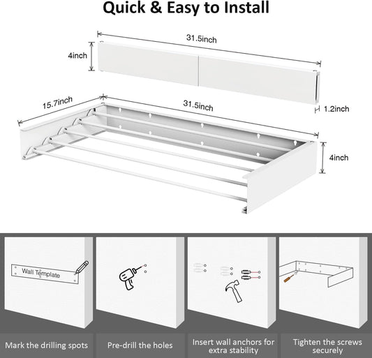 Laundry Drying Rack, Collapsible Wall Mounted Clothes Drying Rack - Foldable,Space Saving, 13.2 Linear Ft, 5 Aluminum Rods, 60 lb Capacity (White, 40" Wide)