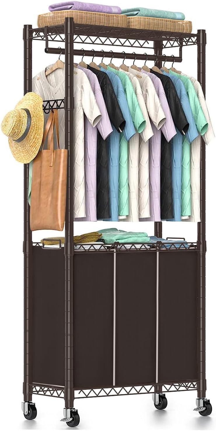 Hodonas Rolling Laundry Basket Organizer with Wheels and Hanging Bar, Laundry Hamper Cart Laundry Sorter 3 Section, Dirty Clothes Hampers for Laundry Bedroom Bathroom w/ 3 Removable Bags, Black