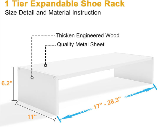 White Shoe Rack Organizer for Closet, 2-Tier Expandable Shoe Shelf, Stackable Iron Wood Combination Small Shoe Racks Shelves for Closets, Entryway,Small Space,Hallway,Bedroom,Bathroom,6-12 Pairs