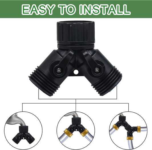 2 Way Y Splitter for 3/4" Garden Hose, Black, 2 Pcs | Plastic Hose Connectors, Faucet Watering Shut Off Valves, For Irrigation