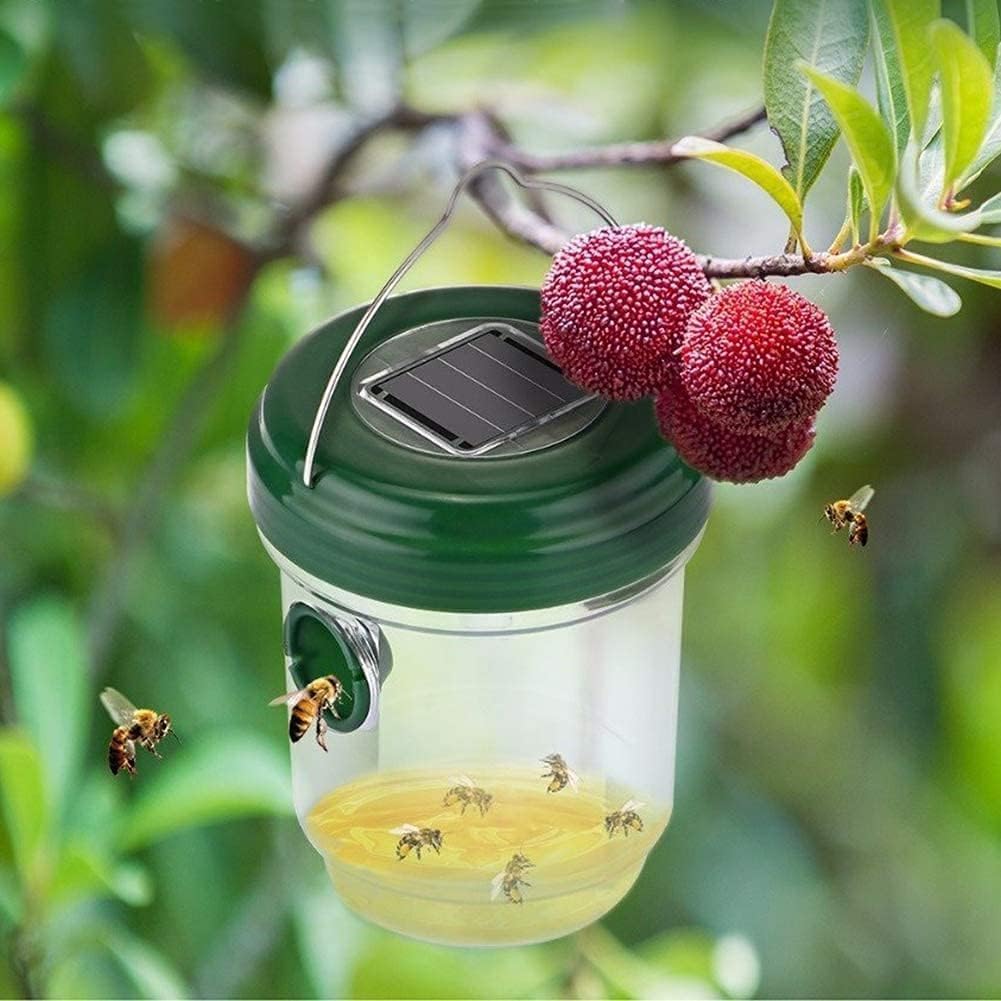 Solar Wasp Bee Trap, Outdoor Hanging LED Light Reusable Catcher for Outside | Brush Included, DIY Bait, Fits Hornet, Yellow Jacket, Wasp & Carpenter Bee, All-day Outdoor Use for Garden, Orchard & Farm