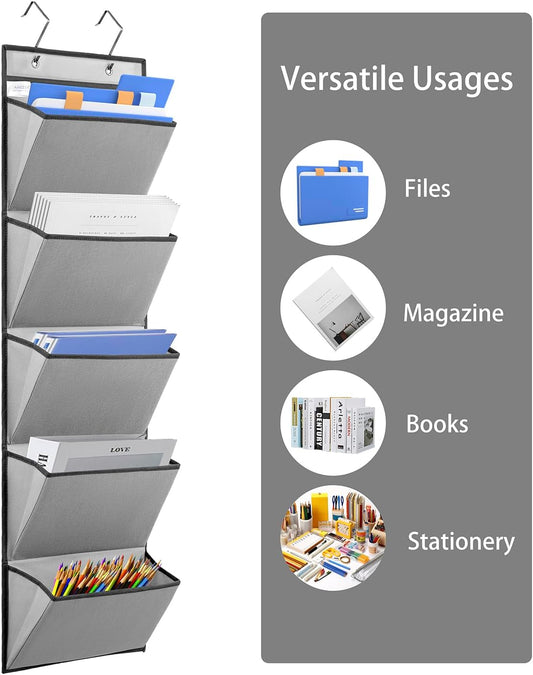 Wall Mounted File Holder Over Door Hanging Mail Organizer Document Storage Bag for Papers Magazines and Books (7 POCKETS-GREY)