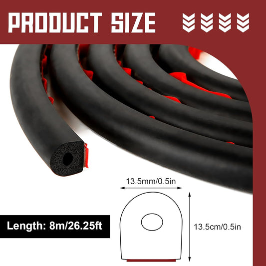 26Feet D Shape EPDM Foam Rubber Seal with Tape, 1/2”W Self-Adhesive Rubber Automotive Weather Stripping for Most Car,Truck, Boat, Auto, RV, Marine, Garage Doors/Window and More