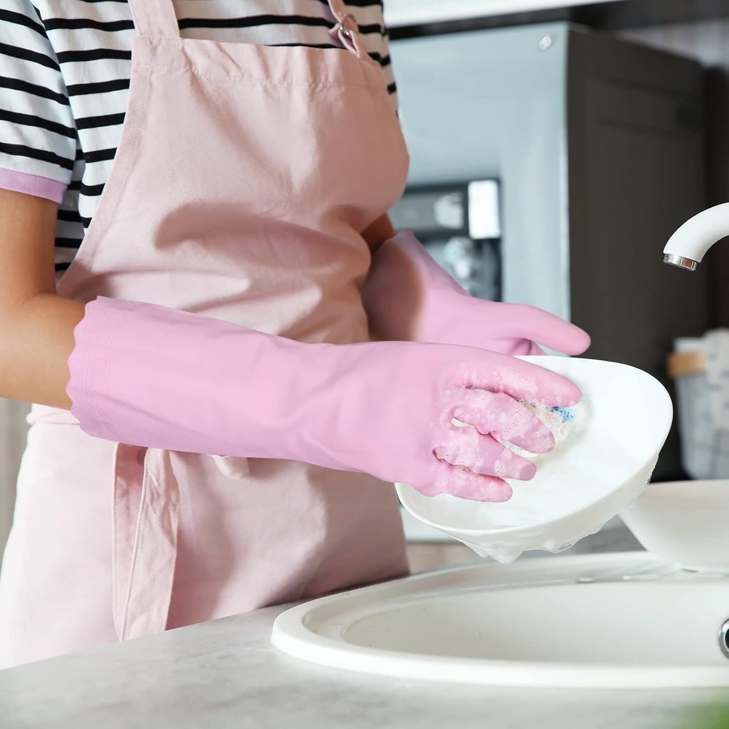 Bamllum Rubber Cleaning Gloves - 3 Pairs Latex Free Kitchen Cleaning Gloves with Cotton Liner- Household Dishwashing Gloves, Non- Slip Waterproof (Medium, Blue+Pink+White)