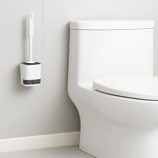 Silicone Toilet Brush with Holder – Wall-Mounted or Freestanding, No-Drill Adhesive Mount, Fast-Drying Ventilated Design with Drip Tray – Long Handle for Deep Cleaning, Compact for Small Bathrooms