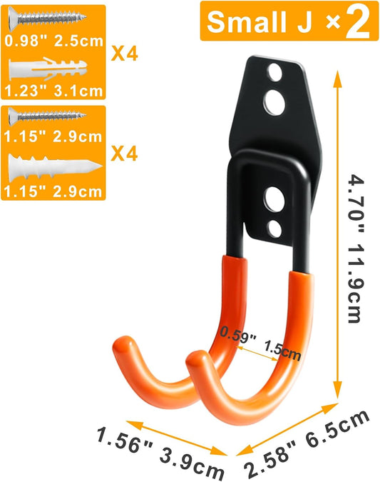 KURUI Heavy Duty Wall Hook for Tool/Water Hose, Garden Hose Holder Wall Mount for Indoors Outside, 2 Pack Garage Storage Hanger for Hanging Shovel/Ladder/Extension Cord, Metal Utility Hook Organizer