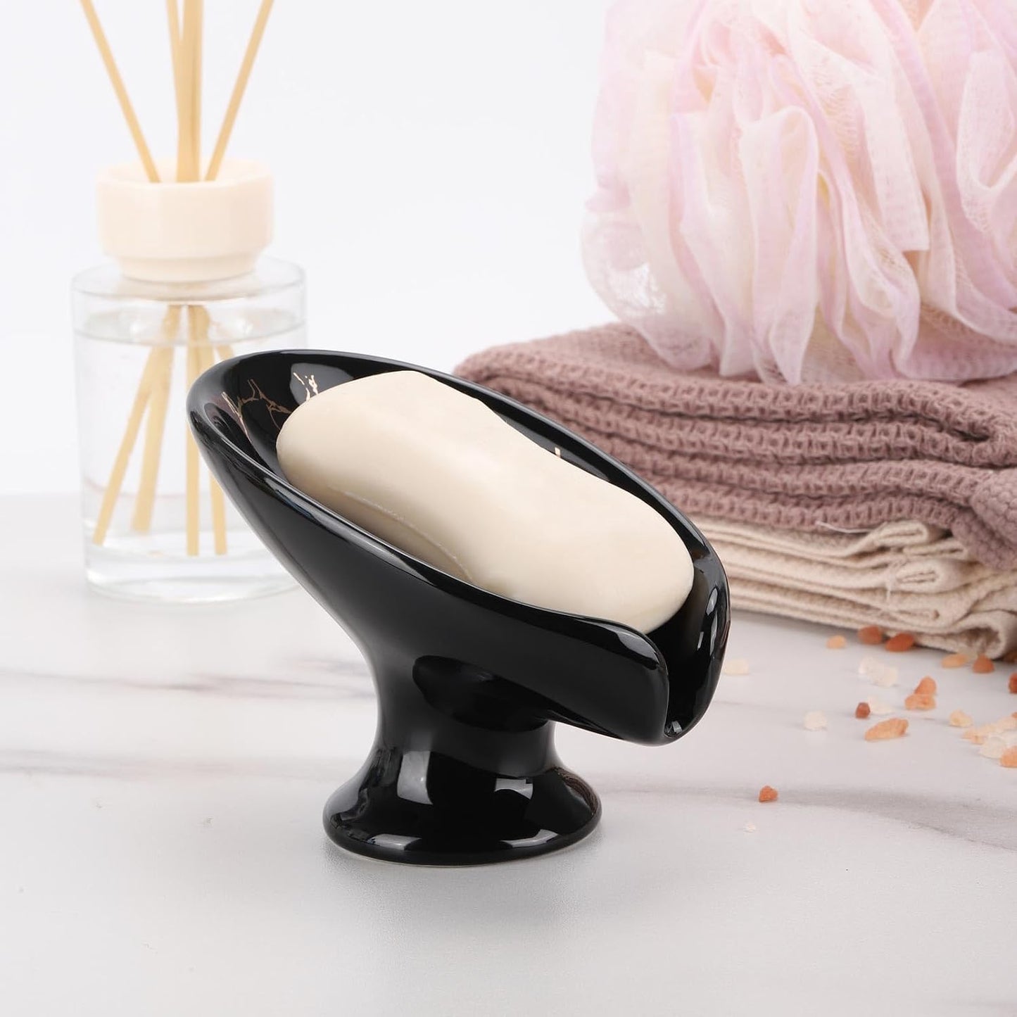 Soap Holder with Drain, Ceramic Soap Dish Self-Draining Bar Soap Tray for Shower Bathroom Kitchen, Black