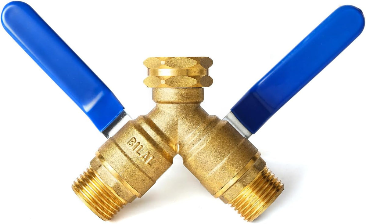 Garden Hose Splitter 2 Way Heavy Duty, Brass Faucet Adapter With Long Handle For Gardening Water Hose Shut Off Valve Hose Connector Fittings Outdoor Water Spigot Hose Bib Y Splitter