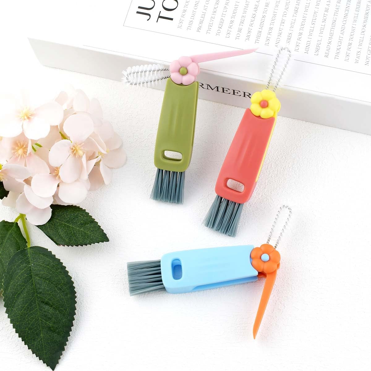 3 Pcs 3 in 1 Cup Lid Cleaning Brush Crevice Cleaning Brush for Bottle Gap 3 in 1 Cleaning Brushes for Tight Spaces Multifunctional Portable Cup Lid Cleaner Home Kitchen Cleaning Tools (Green Blue Red)