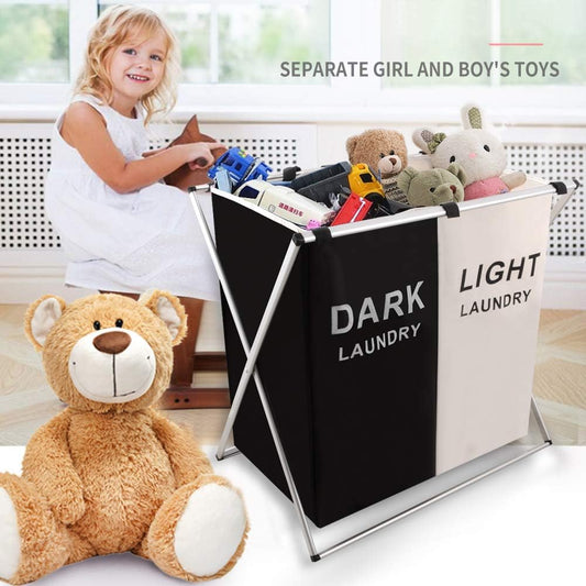 Nicesail 3 Section Laundry Basket Printed Dark Light Color, Foldable Hamper/Sorter with Waterproof Oxford Bags and Aluminum Frame, Washing Clothes Storage for Home, Dormitary Multicolored