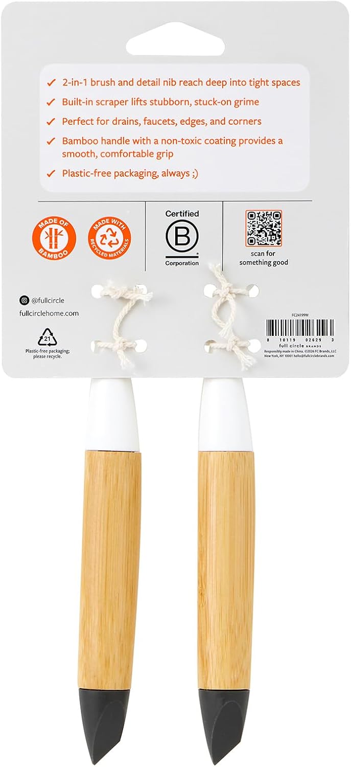 Full Circle Every-Crevice Detail Brush, Deep Cleaning Brush for Crevices, Shower, & Grout, Tough Bristles, Sustainable Bamboo Handle, White