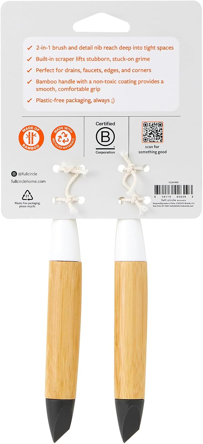 Full Circle Micro Manager, Deep Cleaning Brush for Crevices, Shower, & Grout, Tough Bristles, Sustainable Bamboo Handle, White