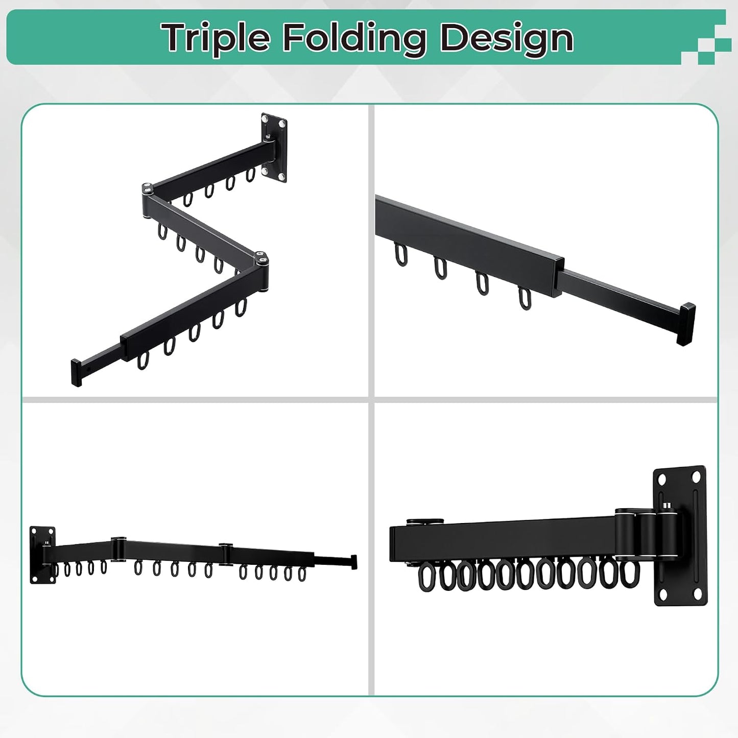 Wall Mounted Drying Rack,Foldable and Rotatable Clothes Drying Rack, Triple Folding Hanger Saves Space,Suitable for Cloakroom,Balcony, Bathroom,The Maximum Load Bearing 50kg (Black)
