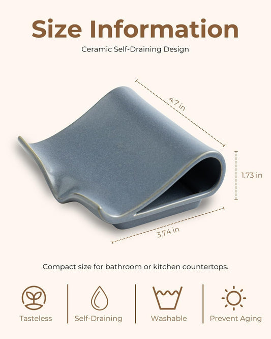 Zoeeker Self-Draining Soap Dish, Ceramic Soap Holder with Drain Spout Waterfall Drying Tray for Shower Bathroom Kitchen Sink Bathtub, Keep Soap Bars Dry, Blue