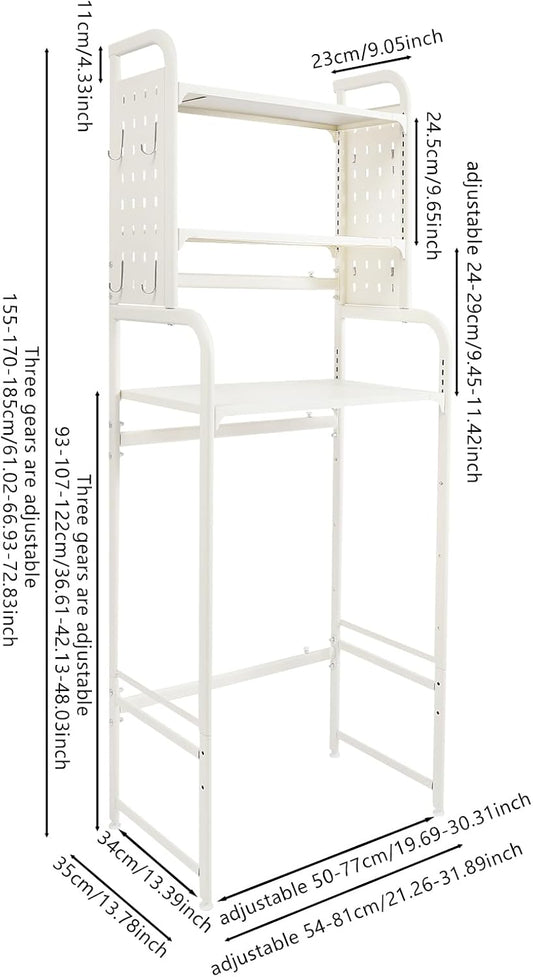 Over The Washer and Dryer Storage Shelf with Adjustable Shelf, 3 Tiers Expandable Over Toilet Storage Rack with Hooks Laundry Organizer Standing Shelf Gray for Laundry Room Bathroom
