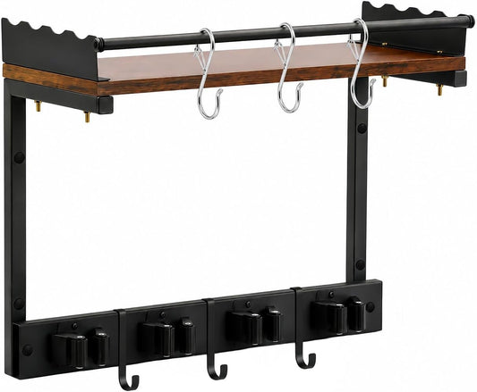 Broom Holder Wall Mount, Heavy Duty Broom and Mop Organizer Wall Hanging with Vacuum Stand, 5 Grippers & 10 Hooks, Utility Racks with Wood Shelf & Guard, Laundry Organization & Storage (S)