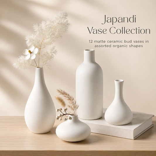 Set of 16 White Ceramic Bud Vases, Minimalist Boho Small Pampas Grass Flower Vase for Farmhouse Home Decor, Wedding Centerpiece, Shelf and Table Decoration