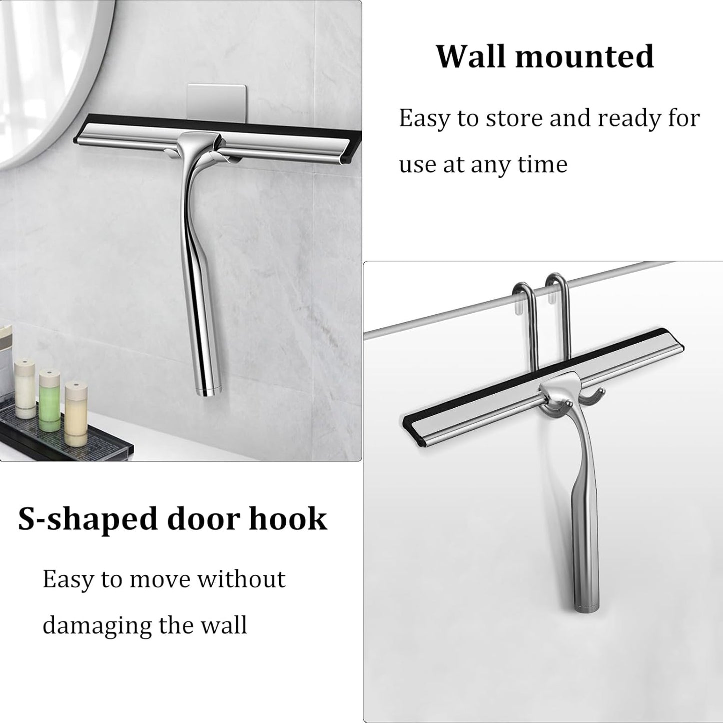 10" Stainless Steel Shower Squeegee for Shower Glass with Adhesive Hook for Cleaning Bathroom Glass Doors Car Window Mirrors and Tile Wall (Matte Black + Hook)
