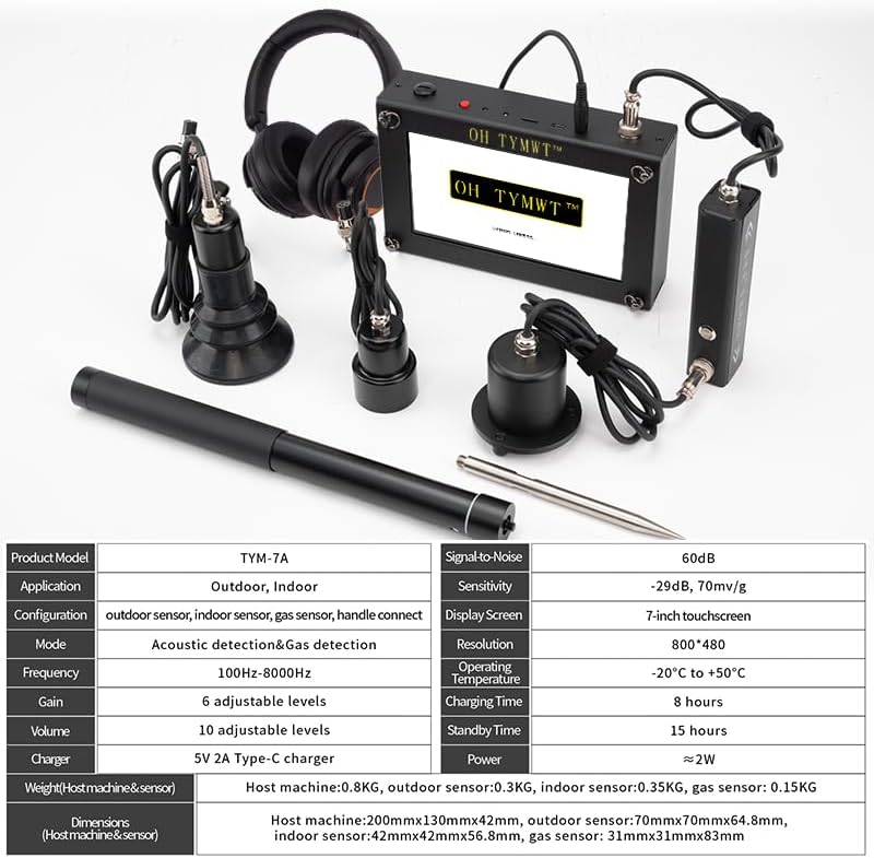 Al Water Leak Detector, Indoor Wall/Ground Under Slab Pipe Leak - TYM-3A | 2 Sensors, 0.5m/1.64ft, 100Hz-8000Hz, 15 Hours