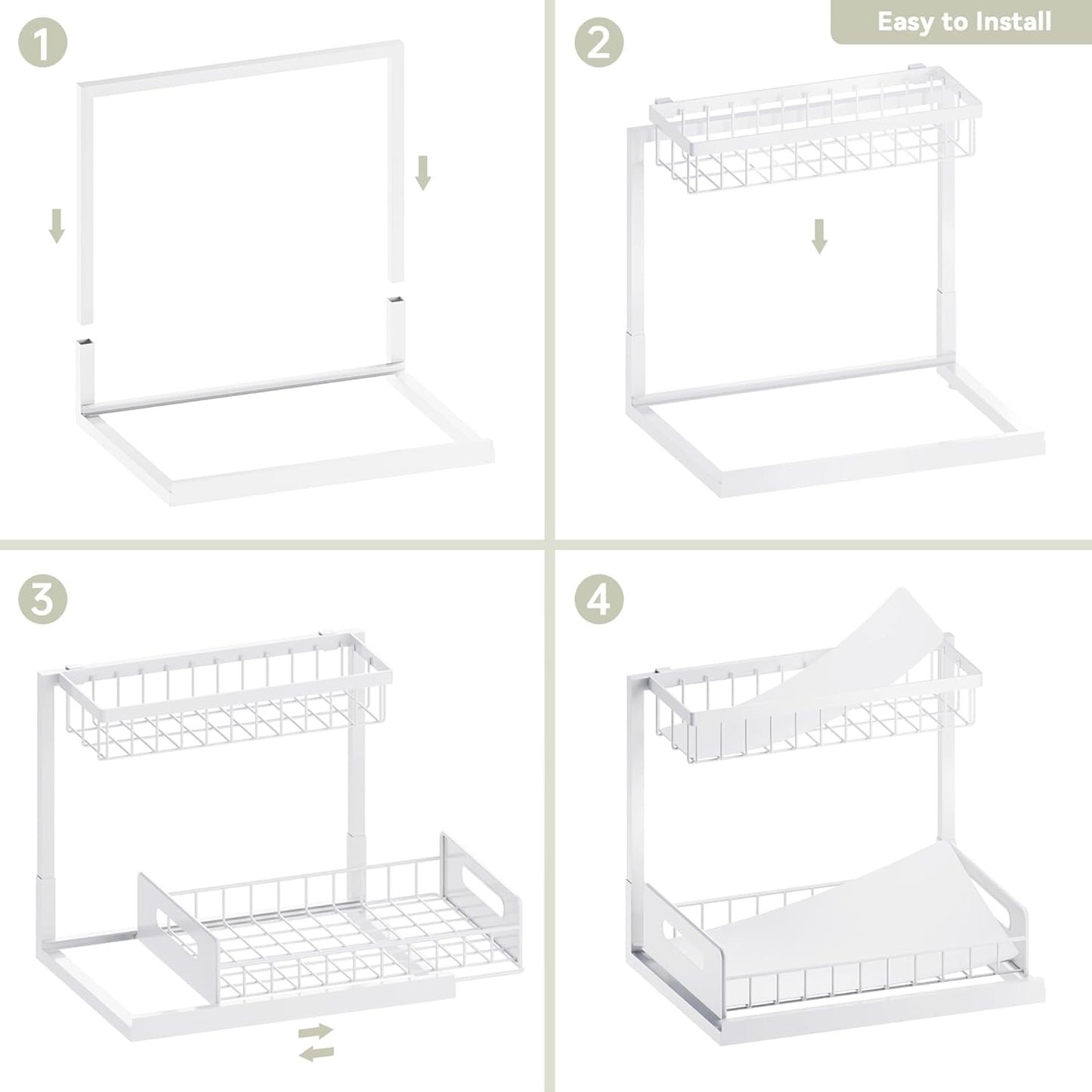 Under Kitchen Sink Organizer 2 Tier, Pull Out Bathroom Sink Organizers and Storage, Cabinet Kitchen Bathroom Storage Organization Shelf, 2 Pack White