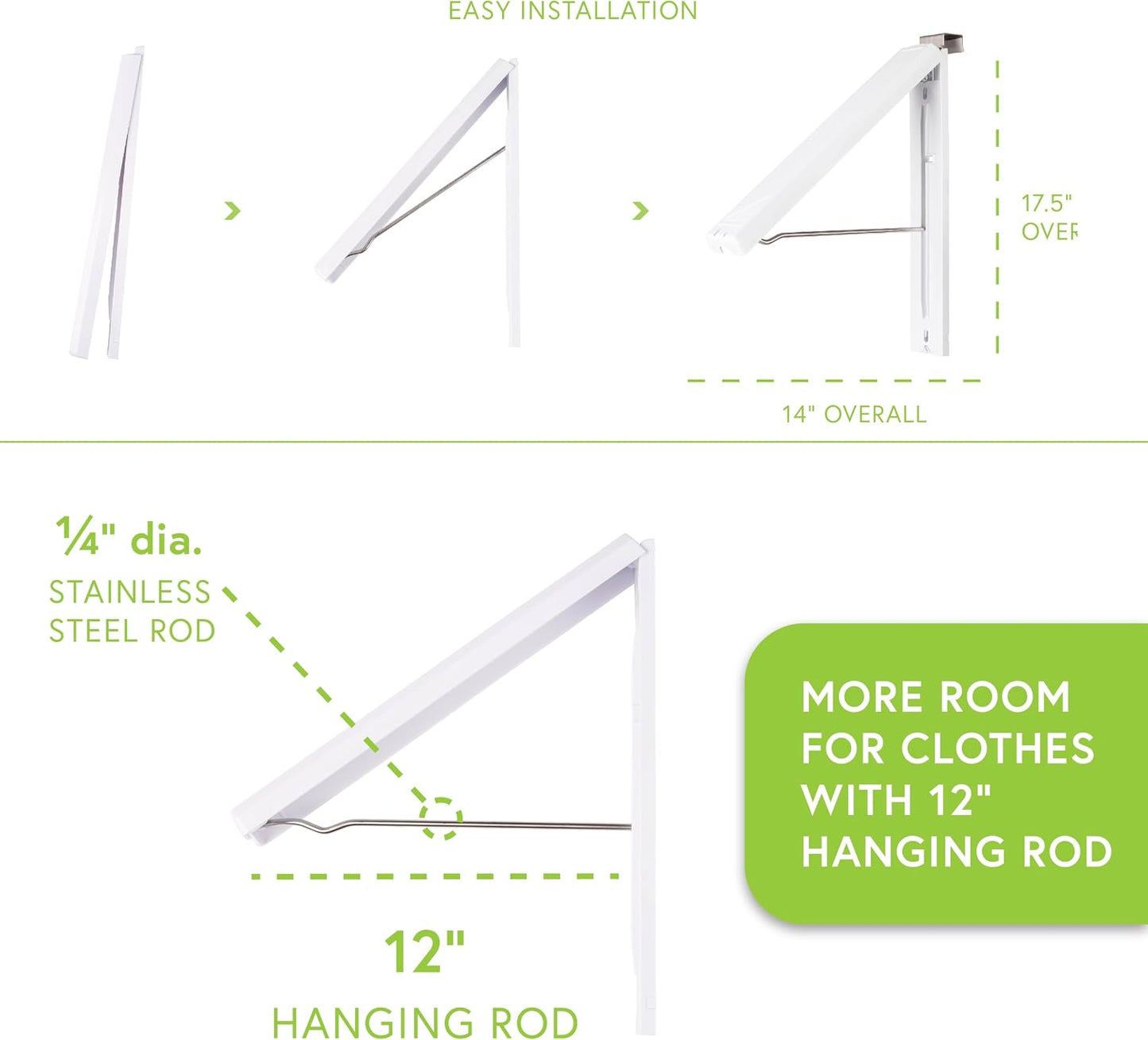 InstaHanger Clothes Drying Rack - Wall Mounted Laundry Drying Rack for Small Spaces - Wall-Mounted Clothes Racks Holds Up to 60 lbs - Space Saving Collapsible Laundry Hanger for Storage