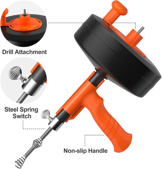 Drain Snake, 50ft Flexible Steel Drain Auger With Drill Adapter, Heavy Duty Sink Plumbing Unblocking Hand Auger Remover, Manual Or Powered for Shower & Bathtub Clogs-No auto retract or feed