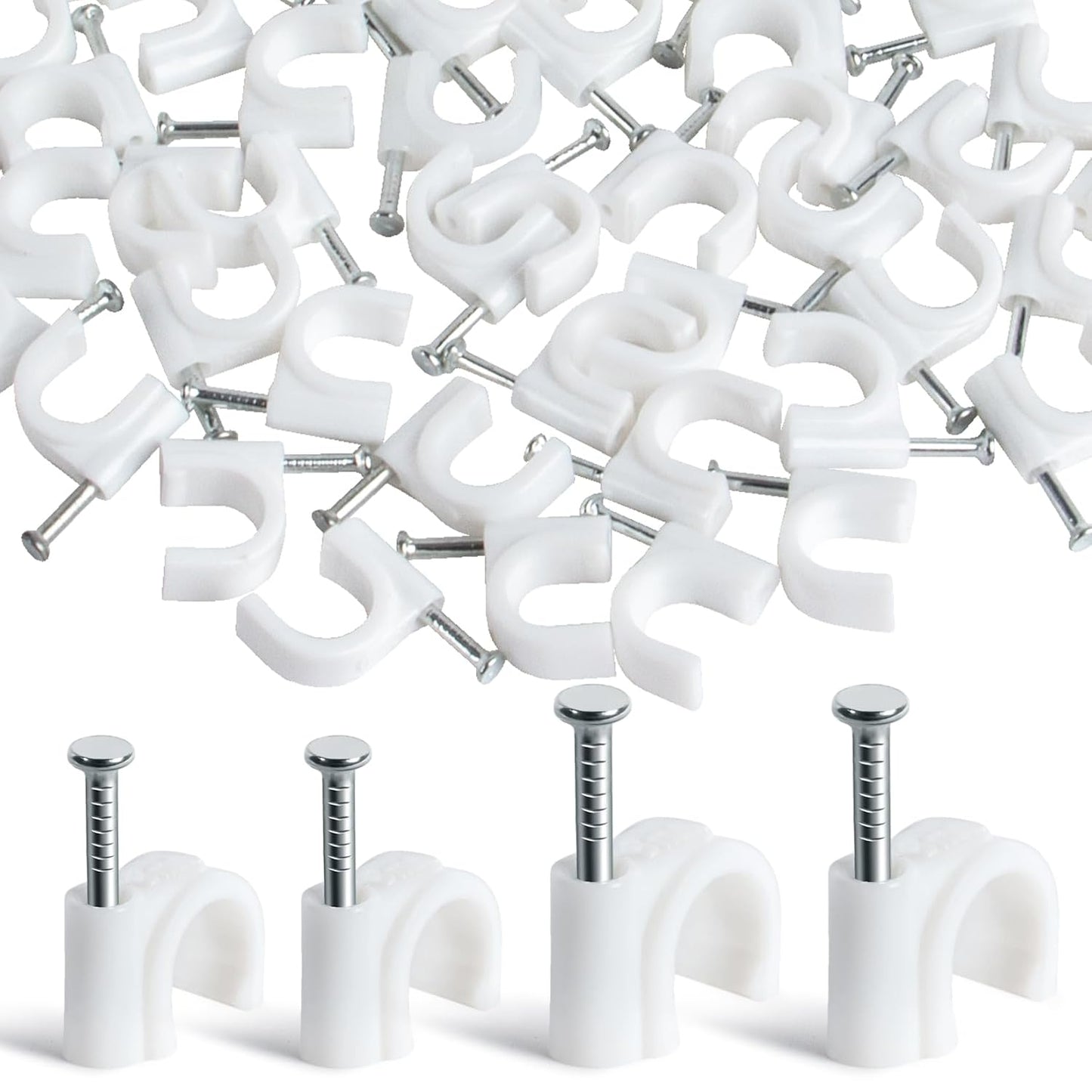 Cable Wire Clips - 100 Pcs White Cable Clips 8mm 10mm Wire Staples Wall Cables Management with Steel Nails Cord Holder for Wires, Ethernet, Cord Organization
