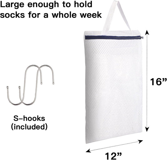 3 PACK Hanging Mesh Laundry Bags with S Metal Hooks,10x12 Inch Hanging Socks Laundry Bags, for Washing Machine