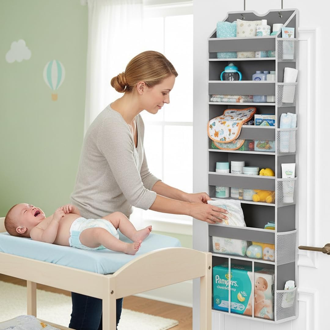 Over the Door Hanging Organizer - Closet Door Organizer and Storage with Large Pockets, Swing-Proof Behind The Door Organizer for Bathroom Nursery (Grey, 1 Pack -Extra Large 6 Tier)