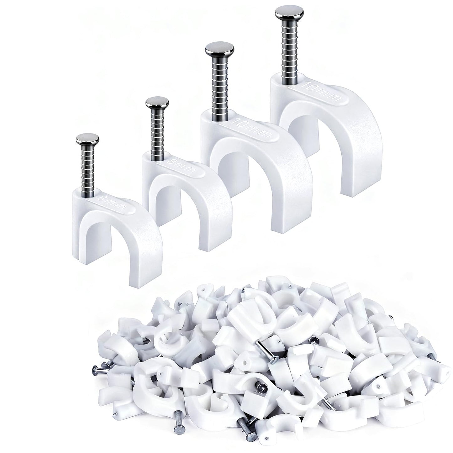 100PCS Cable Staples,10mm Cable Clips White,Cable Wire Clips Nail in Clips for Round Ethernet Cables Wall Clips Cable Tacks Electrical Wire TV Cable Speaker Wire Coax Clips (100Pcs 10mm)